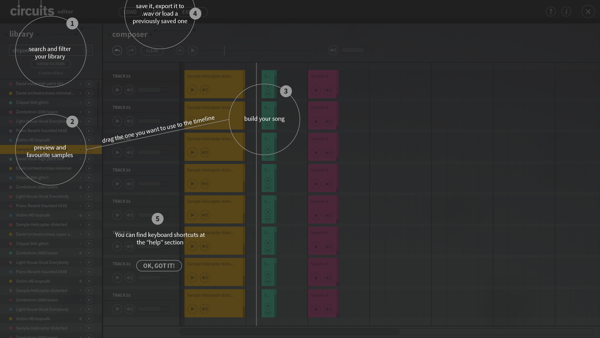 Circuits composer is so simple to use that a single screen tutorial is enough to explain how it works.